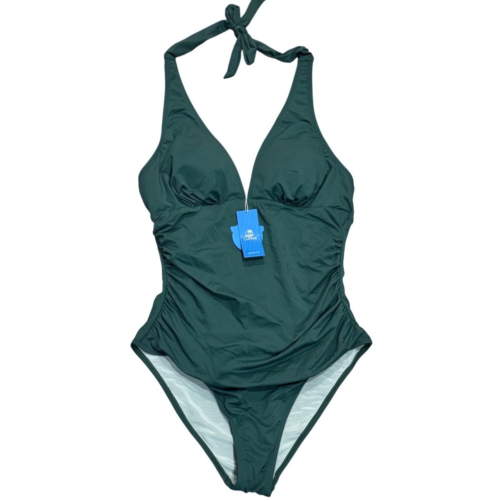 Cupshe One Piece Swimsuit Women Large Green New Slim & Sculpt Halter Ruched